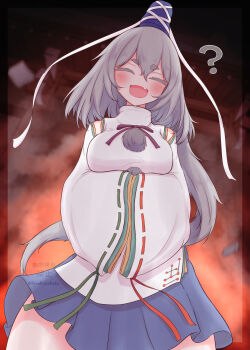 Rule 34 | 1girl, ?, absurdres, blue hat, blue skirt, blurry, blurry background, closed eyes, commentary, fang, fire, grey hair, hat, heart, highres, hirokazukaku, long hair, long sleeves, mononobe no futo, ponytail, ribbon-trimmed sleeves, ribbon trim, short eyebrows, shrine, skin fang, skirt, solo, tate eboshi, touhou, twitter username, untranslatable commentary, variant set, very long hair, wide sleeves