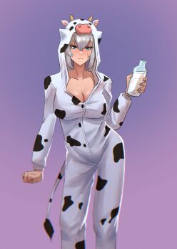 amildbreeze animal_ears animal_print blue_eyes blush bottle breasts cleavage cow_ears cow_hood cow_horns cow_print cow_tail drink_carton gradient_background highres holding holding_milk_carton horns large_breasts milk milk_bottle milk_carton onesie original radial_gradient_background tail white_hair