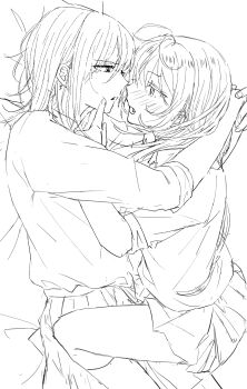 2girls amamiya_ao_(strawberry_(akira-love)) blush cheek_poking commentary_request fang from_side greyscale highres lineart long_hair lying medium_hair miniskirt monochrome multiple_girls on_back on_person open_mouth original pleated_skirt poking profile shiina_saya_(strawberry_(akira-love)) skirt sleeves_rolled_up strawberry_(akira-love) yukadon yuri