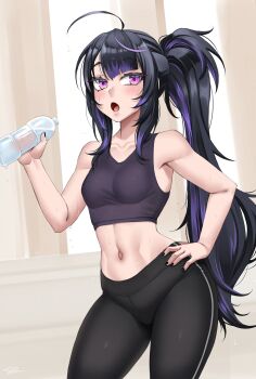 1girl black_hair black_pants black_sports_bra bottle breasts chromashift commentary english_commentary highres holding holding_bottle long_hair multicolored_hair pants plastic_bottle purple_eyes purple_hair roca_rourin sports_bra tight_clothes tight_pants twintails twrlare virtual_youtuber water_bottle workout_clothes yoga_pants