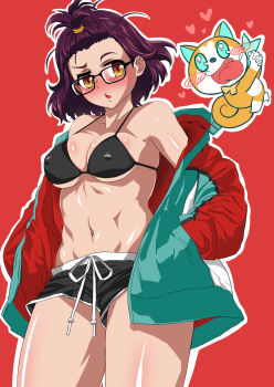 1girl bangs_pinned_back bikini bikini_shorts bikini_top_only black_bikini blush bones_(company) breasts brown_hair covered_erect_nipples forehead glasses godzilla_(series) godzilla_singular_point hakase_yurisuki highres jacket kamino_mei looking_at_viewer medium_breasts navel open_clothes open_jacket orange_(company) pelops_ii shiny_skin short_hair shorts solo standing swimsuit toho yellow_eyes