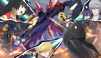 2boys 3girls absurdres anger_vein aqua_eyes arm_strap armpits aroused_nosebleed ass ass_focus astra_yao bangboo_(zenless_zone_zero) bare_shoulders belle_(zenless_zone_zero) black_gloves black_hair black_jacket black_pants black_ribbon blonde_hair blood blue_hair blunt_bangs blush braid braided_bun breasts brother_and_sister character_request chest_harness chinese_commentary cleavage closed_mouth commentary_request crossed_bangs cut-in dress earrings evelyn_chevalier gloves grey_hair hair_between_eyes hair_bun hair_ornament hair_ribbon hairband harness high-waist_pants highres holding holding_microphone_stand jacket jewelry large_breasts leather leather_jacket letter_hair_ornament lighter_(zenless_zone_zero) long_hair long_ribbon long_sleeves looking_at_another microphone_stand mole mole_under_eye monster multiple_boys multiple_girls necklace nosebleed open_mouth outdoors pants pearl_necklace purple_eyes red_eyes red_scarf red_shrug ribbon scarf shirt short_hair shoulder_spikes shrug_(clothing) siblings sidelocks sleeveless sleeveless_shirt spikes standing standing_on_one_leg teeth tight_clothes tight_pants upper_teeth_only white_dress white_hairband white_shirt wise_(zenless_zone_zero) yoruta_(yossy_puyo_holo) zenless_zone_zero