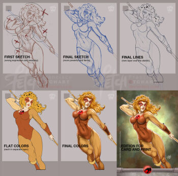 1girl 2015 2016 alien arm_guards breasts chart cheetara comparison dated deviantart_username english_text fighting_stance franciscoetchart highres insignia leotard long_hair multiple_views realistic signature sketch spanish_text staff thundercats toned watermark