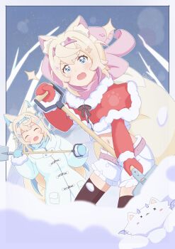 2girls absurdres animal_ear_fluff animal_ears blonde_hair blue_hair blue_scarf border capelet closed_eyes coat commentary_request dog_ears dog_girl dog_tail fuwawa_abyssgard highres holding holding_shovel hololive hololive_english long_hair mococo_abyssgard mococo_abyssgard_(1st_costume) multicolored_hair multiple_girls navel perroccino_(fuwamoco) pink_hair pink_scarf pulsar_d39 red_capelet scarf shirt short_hair shorts shovel snow tail two-tone_hair virtual_youtuber white_border white_coat white_shirt white_shorts