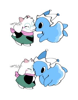 1boy 1girl artist_name barefoot blush chibi chibi_only closed_mouth deltarune facing_another furry furry_male goat_boy goat_horns highres horns looking_at_another miz7xf mizzle_(deltarune) one_eye_closed pink_scarf ralsei round_eyewear scarf utdr_(toby_fox) white_background
