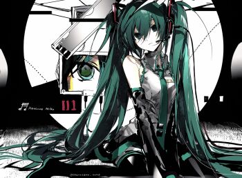 1girl aqua_eyes aqua_hair aqua_necktie bare_shoulders black_boots black_skirt black_sleeves boots character_name chinese_commentary commentary_request detached_sleeves expressionless grey_shirt hanaseto hatsune_miku headphones highres long_hair looking_at_viewer microphone necktie revision screen shirt sitting skirt sleeveless sleeveless_shirt solo twintails very_long_hair vocaloid