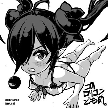 1girl ahoge ass backbeako_(torotei) backbeard blush breasts clenched_teeth collarbone commentary dated dated_commentary full_body gegege_no_kitarou greyscale hair_over_one_eye hair_ribbon kono_lolicon_domome loli long_hair looking_at_viewer lying monochrome no_shoes on_stomach original paid_reward_available pointy_ears ribbon simple_background small_breasts solo sweat teeth thighhighs torotei translated twintails watermark web_address white_background