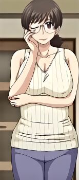 1girl 2020 20s breasts curly_hair glasses hitozuma_mitsu_to_niku housewife large_breasts mature_female obasan_(hitozuma_mitsu_to_niku) one_eye_closed ponytail queen_bee_(animation_studio) standing tagme vest