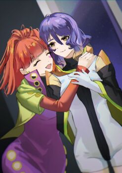 2girls blunt_bangs earrings gina_(gnosia) gnosia hair_between_eyes heart heart_earrings heart_tattoo high_ponytail jewelry long_hair long_sleeves looking_at_viewer multiple_girls nail_polish ponytail red_hair seppaku_zakuro simple_background sq_(gnosia) tattoo turtleneck upper_body