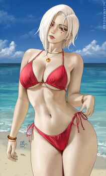 1girl 2026 artist_name bangle bare_shoulders beach bianca_(sciamano240) bikini blue_sky bracelet breasts closed_mouth cloud commentary cowboy_shot day ear_piercing earrings english_commentary expressionless facial_tattoo full_cleavage gem grey_hair highleg highleg_bikini highres horizon jewelry large_breasts lips looking_at_viewer navel necklace o-ring o-ring_bikini o-ring_top ocean original outdoors pendant piercing red_bikini red_eyes sciamano240 shore short_hair side-tie_bikini_bottom signature sky solo standing stomach swimsuit tattoo thighs_together water white_hair yellow_gem