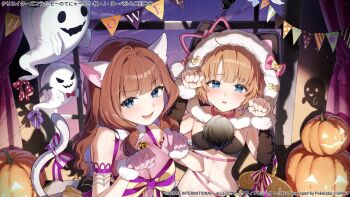 2girls animal_ear_hood animal_ears arm_strap assault_lily balloon bandeau bare_shoulders basket bell belt_buckle belt_collar black_bandeau blue_eyes blunt_bangs blush bow breasts brown_hair buckle cat_ears cat_tail collar commentary_request copyright_notice detached_hood detached_sleeves fake_animal_ears fake_tail frilled_shirt frills fur-trimmed_collar fur-trimmed_gloves fur-trimmed_hood fur_sleeves fur_trim futagawa_fumi gloves halloween halloween_costume hands_up hood hood_bow hood_up indoors jack-o&#039;-lantern jewelry jingle_bell kaede_johan_nouvel large_breasts light_particles long_hair looking_at_viewer lower_teeth_only maruta_(shummylass) midriff multiple_girls navel neck_bell night official_alternate_costume official_art open_mouth parted_lips paw_pose pennant pink_bow pink_collar pink_gloves pink_ribbon purple_bow purple_shirt raised_eyebrows ribbon ring see-through_clothes see-through_shirt shadow shirt sleeveless sleeveless_shirt small_breasts smile star_(sky) stomach string_of_flags striped_bow tail tail_bow tail_ornament teeth upper_body v-shaped_eyebrows yellow_bow