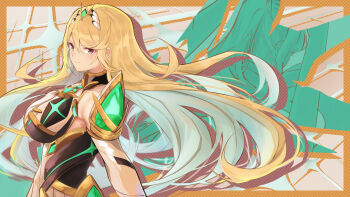 1girl absurdres bare_shoulders blonde_hair breasts chest_jewel dress earrings elbow_gloves floating_earrings from_side gloves highres jewelry large_breasts long_hair looking_back microdress mythra_(massive_melee)_(xenoblade) mythra_(xenoblade) neon_trim smile solo swept_bangs tiara very_long_hair white_dress white_gloves xenoblade_chronicles_(series) xenoblade_chronicles_2 yellow_eyes yrouumkinnoaw
