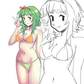 1girl bare_shoulders bikini breasts cleavage green_eyes green_hair green_panties gumi hairband hatsuno large_breasts medium_hair navel orange_bikini orange_hairband orange_ribbon panties ribbon sketch solo swimsuit underwear v vocaloid white_background