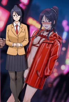 1boy 1girl ahoge aroused bdsm before_and_after black_eyes black_hair black_pantyhose black_skirt blazer blush bondage bound breasts coat collar collared_shirt commentary_request egg_vibrator exhibitionism female_focus hands_only high_ponytail highres holding holding_leash humiliation implied_masturbation jacket kudou_kuon large_breasts leash light_smile loafers long_sidelocks looking_at_viewer naked_coat necktie neon_lights nervous night no_bra no_panties open_clothes open_coat open_mouth original outdoors own_hands_together pantyhose pleated_skirt ponytail pubic_hair public_indecency public_nudity red_collar red_necktie road rope saliva school_uniform sex_toy shibari shirt shoes sidelocks silhouette skirt slave standing street sweat swept_bangs thighs vibrator vibrator_cord white_shirt yellow_blazer