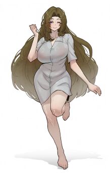 bare_legs barefoot blue_eyes blush breasts brown_hair collared_shirt full_body highres large_breasts legs limbus_company long_hair looking_at_viewer nikrop one_eye_closed parted_bangs project_moon rodion_(project_moon) shirt simple_background smile standing standing_on_one_leg white_background white_shirt