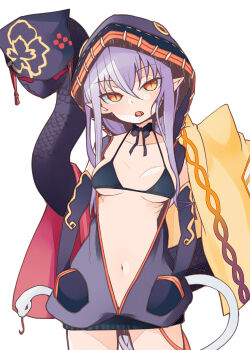 Rule 34 | 1girl, animal hood, bikini, bikini top only, black bikini, black gloves, breasts, choker, cowboy shot, dress, elbow gloves, fang, female focus, gloves, hair between eyes, hands in pockets, highres, hood, hooded jacket, hoodie, jacket, navel, open mouth, pointy ears, purple hair, ribbon choker, saitou dousan (sengoku bushouki muramasa), sengoku bushouki muramasa, sidelocks, simple background, sleeveless, sleeveless hoodie, slit pupils, snake, snake head tail, snake tail, solo, sweater, sweater dress, swimsuit, tail, tsukasa takashi, unzipped, white background, yellow eyes