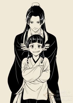 Rule 34 | 1boy, 1girl, beads, black hair, blunt bangs, bun cover, chara no7, chinese clothes, closed mouth, cowboy shot, crossed arms, freckles, greyscale, grin, hair beads, hair bun, hair ornament, hair over shoulder, hair ribbon, half updo, highres, jinshi (kusuriya no hitorigoto), kusuriya no hitorigoto, long hair, looking at viewer, maomao (kusuriya no hitorigoto), monochrome, parted bangs, ribbon, sidelocks, simple background, smile, teeth, twitter username, upper body