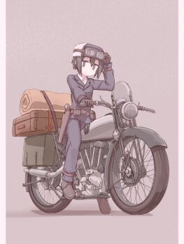 1girl adjusting_goggles androgynous bedroll belt belt_buckle belt_pouch black_boots black_eyes black_gloves black_hair black_jacket black_pants blouse boots breasts brown_belt buckle closed_mouth commentary dress_shirt fur_hat gloves goggles goggles_on_headwear gun hair_between_eyes handgun hat hermes_(kino_no_tabi) highres holster jacket kino_(kino_no_tabi) kino_no_tabi light_smile looking_at_viewer motor_vehicle motorcycle on_motorcycle pants pistol player193 pouch riding saddlebags shadow shirt short_hair sitting small_breasts solo suitcase tomboy ushanka weapon white_shirt