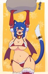Rule 34 | 1girl, :d, absurdres, animal ear fluff, animal ears, arms up, bell, blue hair, body freckles, bomb, bow, bra, cat ears, cat girl, cat tail, collarbone, cowboy shot, doce, elbow gloves, explosive, female focus, freckles, fur-trimmed bra, fur-trimmed gloves, fur-trimmed panties, fur-trimmed thighhighs, fur trim, gift bag, gloves, hair between eyes, heart, heart-shaped pupils, highres, holding, holding sack, jingle bell, looking at viewer, micro bra, navel, notice lines, one eye closed, open mouth, original, panties, pink eyes, pipe bomb, red bow, red bra, red gloves, red panties, red thighhighs, sack, sharp teeth, side-tie panties, smile, snowflakes, solo, symbol-shaped pupils, tail, teeth, thighhighs, underwear, wink, xiao (docecaedrus), yellow background