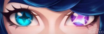 Rule 34 | 1girl, artist name, blue eyes, blue hair, close-up, commentary, english commentary, eye focus, gwen (league of legends), heterochromia, league of legends, looking at viewer, mismatched pupils, misseslimitless, purple eyes, solo, star-shaped pupils, star (symbol), straight-on, symbol-shaped pupils