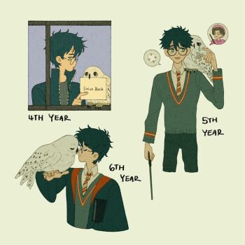 1boy age_progression animal_on_arm bird bird_on_arm black_hair black_pants black_robe bonnet book character_name closed_eyes collared_shirt cropped_torso crossed_bandaids dolores_umbridge envelope glasses green_eyes grey_sweater harry_potter harry_potter_(series) hedwig helen_jee highres holding holding_book holding_envelope holding_wand injury messy_hair necktie noses_touching open_mouth owl pants pink_bonnet popped_collar robe round_eyewear scar scar_on_face scar_on_forehead school_uniform shirt short_hair sirius_black smile spoken_character striped_necktie sweater tears wand wizarding_world