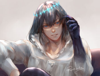 1boy bespectacled blue_eyes commentary english_commentary fate/grand_order fate_(series) frilled_shirt_collar frills glasses grey_background grey_hair hair_between_eyes looking_at_viewer oberon_(fate) oberon_(third_ascension)_(fate) parted_lips renrenka_noi shirt signature sitting solo upper_body white_shirt