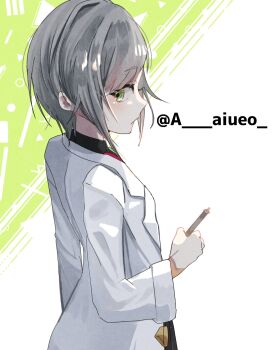 1girl a_aiueo black_shirt black_skirt blush closed_mouth coat collared_shirt commentary from_side get_over_it._(project_sekai) green_background green_eyes green_necktie grey_hair hand_up highres hinomori_shiho holding holding_pen lab_coat lapels long_sleeves looking_back necktie nose notched_lapels official_alternate_costume open_clothes open_coat pen pleated_skirt profile project_sekai shirt short_hair sidelocks sideways_glance simple_background skirt solo standing swept_bangs two-tone_background upper_body white_background white_coat wide_sleeves