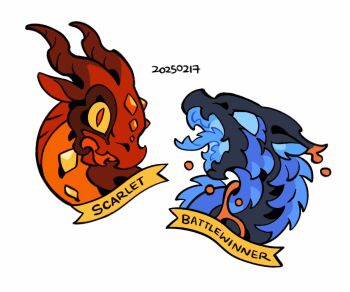 Rule 34 | animal focus, battlewinner, blue sclera, character name, colored sclera, cropped head, dated, dragon, flat color, hashtag-only commentary, highres, horns, monster, monster focus, nightwing (wings of fire), no humans, open mouth, red eyes, rehtaef, scarlet (wings of fire), simple background, skywing (wings of fire), slit pupils, solid eyes, tongue, western dragon, white background, wings of fire, yellow sclera