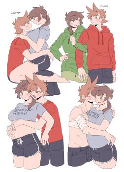 1boy 1girl :d ;d antenna_hair arm_hug bandaged_arm bandaged_chest bandages bare_arms bare_legs barefoot behind_another black_pants black_shorts breasts brown_hair clenched_hand closed_eyes closed_mouth clothes_writing collarbone commentary_request couple cropped_legs dolphin_shorts drawstring edd_(eddsworld) eddsworld ell_(eddsworld) english_text eye_contact face-to-face frown full_body girl_on_top green_eyes green_hoodie green_pants grey_shirt grin hair_horns hand_on_another&#039;s_arm hand_on_another&#039;s_hip hand_on_another&#039;s_shoulder hand_on_own_hip hetero highres hood hood_down hoodie kiss kissing_cheek long_sleeves looking_at_another low_ponytail medium_breasts medium_hair mjsc_10 multiple_views navel one_eye_closed open_mouth pants pocket ponytail profile puffy_long_sleeves puffy_sleeves red_eyes red_hoodie red_shirt shirt short_hair short_sleeves shorts simple_background sitting smile standing stomach straddling sweatdrop swept_bangs t-shirt tongue topless_male tord_(eddsworld) u_u v-shaped_eyebrows white_background