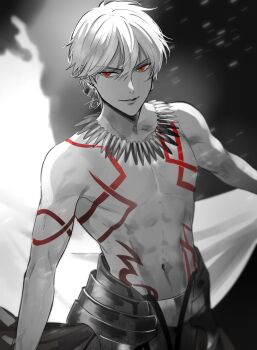 1boy abs bare_arms bare_shoulders body_markings commentary cowboy_shot earrings fate/grand_order fate_(series) gilgamesh_(fate) greyscale hair_between_eyes jewelry looking_to_the_side male_focus monochrome necklace red_eyes sideways_glance signature smirk solo spot_color takashi_(huzakenna) toned toned_male topless_male