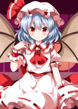 1girl ascot bat_wings blue_hair blush closed_mouth collared_dress commentary cowboy_shot dress frilled_shirt_collar frilled_wrist_cuffs frills hair_between_eyes hand_up hat hat_ribbon highres looking_at_viewer mob_cap pink_dress pink_hat red_ascot red_eyes red_ribbon remilia_scarlet ribbon ruu_(tksymkw) short_hair short_sleeves solo touhou wings wrist_cuffs