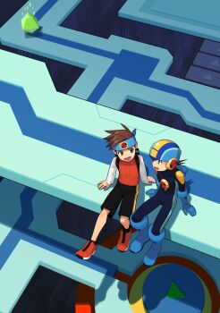 2boys arm_support backpack bag black_hair black_shorts blue_bodysuit blue_boots blue_gloves blue_headband blue_helmet bodysuit boots brothers brown_eyes brown_hair commentary_request cyberspace gloves green_eyes headband helmet highres lan_hikari_(mega_man) long_sleeves looking_at_another male_focus mega_man_(series) mega_man_battle_network_(series) megaman.exe multiple_boys netnavi octahedron open_mouth orange_shoes orange_vest sakino_(sanodon) shadow shirt shoes short_hair shorts siblings sitting smile sneakers spiked_hair twins vest white_shirt