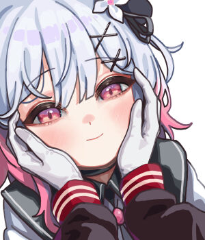 2girls absurdres cheek_squash closed_mouth commentary_request flower gloves hair_flower hair_ornament hands_on_another&#039;s_cheeks hands_on_another&#039;s_face highres korean_commentary long_sleeves looking_at_viewer mahou_shoujo_no_majo_saiban moohyungking multicolored_hair multiple_girls nikaido_hiro out_of_frame pink_eyes pink_hair sakuraba_ema short_hair simple_background smile solo_focus upper_body white_background white_gloves white_hair x_hair_ornament