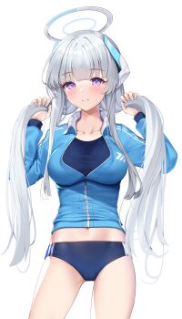 1girl blue_archive blue_buruma blush breasts buruma commentary_request grey_hair gym_shirt halo highres holding_own_hair jacket large_breasts long_hair looking_at_viewer matrix16 mechanical_halo noa_(blue_archive) purple_eyes shirt sidelocks solo sweat track_jacket very_long_hair white_background white_hair