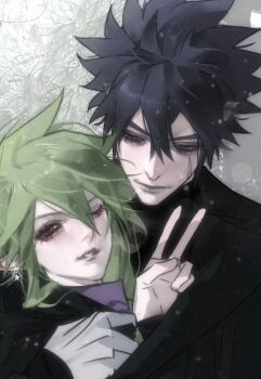 1boy 1girl alternate_costume aotu_world black_coat black_hair black_shirt closed_mouth coat earrings eyelashes facial_scar genderswap genderswap_(mtf) glint gloves green_hair hair_between_eyes hand_up hetero hug hug_from_behind jewelry light_particles long_hair looking_at_another looking_at_viewer low_ponytail one_eye_closed parted_lips ponytail purple_eyes purple_scarf ray_(aotu_world) red_eyes scar scar_on_cheek scar_on_face scarf shared_clothes shared_coat shirt short_hair smile spiked_hair v xander_(aotu_world) yigeniuren