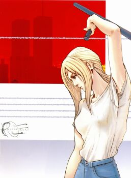 1girl arm_above_head artbook aya_brea blonde_hair blue_eyes denim game_cg highres holding holding_weapon jeans logo long_hair looking_down new_york_city nomura_tetsuya official_art pants parasite_eve_(series) parasite_eve_i shirt short_sleeves simple_background square_enix tonfa weapon white_shirt world_trade_center