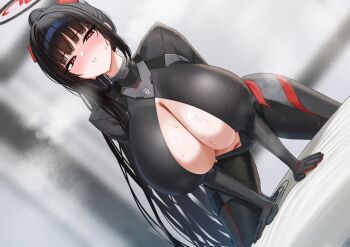 1girl alternate_breast_size_(larger) black_bodysuit black_hair black_halo blue_archive blush bodysuit breasts bright_pupils cleavage commentary covered_navel embarrassed halo highres huge_breasts impossible_bodysuit impossible_clothes latex long_hair looking_at_viewer mizikayo multicolored_halo official_alternate_costume official_alternate_hairstyle open_bodysuit open_clothes paid_reward_available partially_unzipped ponytail red_eyes ringed_eyes rio_(armed)_(blue_archive) rio_(blue_archive) skin_tight solo stomach symbol-only_commentary two-tone_halo very_long_hair white_pupils