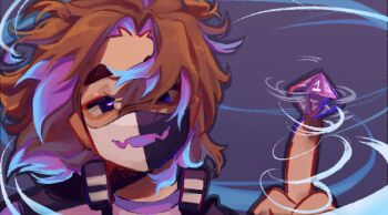 1other androgynous blue_eyes brown_hair colored_inner_hair commentary dice english_commentary hulatie indie_virtual_youtuber jacket looking_at_viewer mask mouth_mask multicolored_hair other_focus portrait purple_background ranboo ranboo_(r800) ranboo_(r800)_(1st_costume) short_hair simple_background thick_eyebrows virtual_youtuber