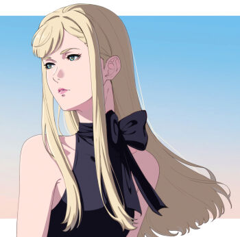 1girl bare_shoulders black_bow black_dress blonde_hair blue_eyes bow collarbone dress enelous gigi_andalusia gundam gundam_hathaway&#039;s_flash highres letterboxed lipstick long_hair long_sidelocks looking_afar looking_to_the_side makeup nose outside_border parted_lips pink_lips sidelocks sleeveless sleeveless_dress solo turtleneck turtleneck_dress upper_body