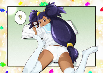 1girl :o ? alternate_costume bapio black_hair blue_sailor_collar brown_eyes commentary_request commission eyelashes from_behind handheld_game_console highres holding holding_handheld_game_console iris_(pokemon) long_hair looking_back low-tied_long_hair lying nintendo nintendo_ds on_stomach open_mouth panties pixiv_commission pokemon pokemon_bw sailor_collar shirt solo spoken_question_mark teeth thighhighs two_side_up underwear upper_teeth_only white_panties white_thighhighs