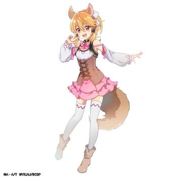 1girl animal_ears anime_coloring ankle_boots artist_request bare_shoulders blush boots bow bowtie brown_corset corset detached_sleeves dress earrings fox_ears fox_girl fox_tail full_body hair_between_eyes high_ponytail highres jewelry latifa long_hair long_sleeves looking_at_viewer official_art open_mouth orange_hair pink_bow ponytail red_eyes seirei_gensouki short_dress smile solo standing tail teeth thighhighs transparent_background upper_teeth_only w white_thighhighs