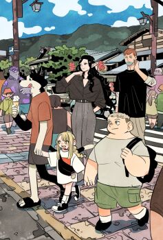 2girls 3boys :q alternate_species arrow_(symbol) backpack bag black_footwear black_hair black_shirt blonde_hair braid braided_ponytail building car casual chilchuck_tims chilchuck_tims_(tallman) choker closed_mouth commentary crosswalk day dog_girl dress_shirt dungeon_meshi dwarf elf facial_hair fanny_pack flip-flops floating_hair flower food furry furry_female goatee green_eyes green_shorts grey_shirt grey_shorts halfling highres holding holding_food holding_hands ice_cream izutsumi izutsumi_(kobold) kei_truck laios_touden laios_touden_(dwarf) lamppost layered_sleeves long_hair long_sleeves marcille_donato marcille_donato_(half-foot) mismatched_animal_ear_colors motor_vehicle mountainous_horizon multiple_boys multiple_girls open_mouth orange_hair outdoors pavement pointy_ears red_flower red_rose red_shirt road road_sign rose sandals senshi_(dungeon_meshi) senshi_(elf)_(dungeon_meshi) shirt shirt_tucked_in short_hair short_over_long_sleeves short_sleeves shorts sign single_braid smile socks soft_serve street stubble t-shirt takeuchi_ryousuke tongue tongue_out truck very_long_hair walking wavy_hair white_shirt white_socks