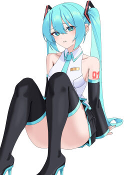 Rule 34 | 1girl, :o, aqua eyes, aqua hair, artist request, bare shoulders, black skirt, blush, detached sleeves, hair between eyes, hatsune miku, highres, long hair, looking up, necktie, panties, simple background, sitting, skirt, solo, striped clothes, striped panties, thighhighs, twintails, underwear, very long hair, vocaloid, white background, white panties