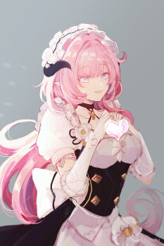 1girl absurdres apron black_dress black_horns blue_eyes breasts chinese_commentary commentary_request dress elf elysia_(honkai_impact) elysia_(miss_pink)_(honkai_impact) elysia_(miss_pink_elf)_(honkai_impact) fake_horns gloves grey_background heart heart_hands highres honkai_(series) honkai_impact_3rd horns large_breasts long_hair maid maid_apron maid_headdress miyoushe_watermark official_alternate_costume pink_hair pointy_ears senin_liku simple_background smile solo very_long_hair watermark white_apron white_gloves