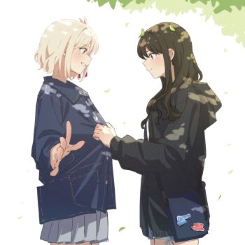 2girls absurdres black_hair black_jacket blonde_hair blue_shirt brown_eyes buttoning commentary dappled_sunlight fafayu falling_petals grey_skirt highres inoue_takina jacket long_hair long_sleeves lycoris_recoil multiple_girls nishikigi_chisato one_side_up open_mouth petals pleated_skirt purple_eyes shirt short_hair skirt sunlight