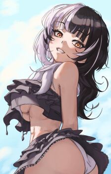 1girl absurdres bikini bikini_skirt black_hair breasts commentary english_commentary frilled_bikini frills grey_hair highres hololive hololive_english huemar_tanuki long_hair looking_at_viewer multicolored_hair ruffle_bikini shiori_novella smile solo split-color_hair swimsuit two-tone_hair virtual_youtuber yellow_eyes