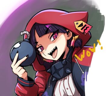 1girl black_hair black_nails blunt_bangs bomb commentary coqui_saporana diamond-shaped_pupils diamond_(shape) drawstring explosive eyelashes fingernails highres holding holding_bomb hood hood_up hooded_jacket jacket jadf multicolored_hair nail_polish open_clothes open_jacket open_mouth purple_hair purple_pupils red_eyes red_jacket rummy_&amp;_coqui scar scar_across_eye scar_on_face sharp_teeth smile solo spikes streaked_hair symbol-shaped_pupils teeth tongue tongue_out twintails upper_teeth_only virtual_youtuber