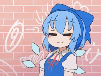 1girl animated animated_gif blue_bow blue_hair bow brick_wall circled_9 cirno closed_mouth commentary detached_wings english_commentary facing_viewer ferdy's_lab hair_bow headphones ice ice_wings looping_animation short_hair short_sleeves smile solo swaying touhou twitter_username upper_body wings