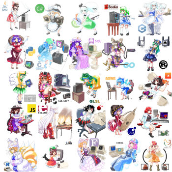 6+girls absurdres animal animal_ear_fluff animal_ears animal_hat animal_on_head anklet apron ascot asymmetrical_hair at_computer backpack bag balance_scale barefoot beard beige_dress belt between_fingers bird bird_on_head bird_wings black_belt black_cape black_dress black_footwear black_hair black_hairband black_headwear black_shirt black_socks black_wings blonde_hair blouse blue_bow blue_dress blue_eyes blue_footwear blue_hair blue_headwear blue_kimono blue_skirt blue_vest bonzi_(bonzibuddy) bonzi_software,_inc. bonzibuddy book boots bow bowl bowl_hat bracelet braid brainfuck_(programming_language) breasts brown_footwear brown_hair burning c++_(programming_language) c_(programming_language) c_sharp_(programming_language) cable calculator cape cat_ears cellphone chair chen chicken chicken_scheme cirno clojure closed_mouth coat cobol collared_jacket commentary computer computer_keyboard computer_mouse crescent crescent_pin crossed_legs crowbar cup desk dress drill_hair drum drum_set drumsticks earrings english_commentary epaulettes equation erlang error_message eyewear_on_head facial_hair fedora fire flat_cap flower fortran fox_tail frilled_hat frilled_kimono frilled_sleeves frills frog_hair_ornament fujiwara_no_mokou full_body ganondorf geta ghost glasses glsl go_(programming_language) gohei gold gordon_freeman grand_dad green_apron green_eyes green_hair green_headscarf green_headwear green_skirt green_vest grey_horns grin gun hair_bobbles hair_bow hair_ornament hair_tubes hairband hakurei_reimu half-life half-life_(series) hand_fan hand_on_own_chin hands_in_opposite_sleeves haniyasushin_keiki hat hat_bow hauchiwa headphones headscarf heart heart_of_string highres holding holding_drumsticks holding_phone holding_unworn_clothes holding_unworn_dress horikawa_raiko horns ice ice_wings instrument izayoi_sakuya jacket japanese_clothes java_(programming_language) javascript jewelry julia_(programming_language) kawashiro_nitori keyboard_(instrument) kijin_seija kimono kirisame_marisa kneehighs koakuma kochiya_sanae komeiji_koishi konpaku_youmu konpaku_youmu_(ghost) laptop layered_sleeves leaf leaf_hair_ornament leaf_print leaning_to_the_side lily_pad lilypond_(music_software) long_hair long_sleeves looking_at_viewer lua_(programming_language) magatama magatama_necklace maid maid_headdress malbodge malbolge malbolge_(programming_language) maple_leaf medium_hair meme microsoft_windows mini_hat mini_person mini_top_hat minigirl mirror mitsudomoe_(shape) mob_cap monitor multicolored_bow multicolored_hair multicolored_skirt multiple_bows multiple_girls multiple_tails musical_note navel necklace necktie nekomata nintendo niwatari_kutaka nontraditional_miko nyan_cat office_chair on_head open_mouth orange_dress paintbrush paper patchouli_knowledge pendant phone pink_eyes pink_hair pink_headwear plaid_bow plaid_clothes plaid_shirt plaid_skirt pocket pointing pointy_hair printer profitwalrus programming_(topic) puffy_short_sleeves puffy_sleeves purple_coat purple_eyes purple_hair purple_shirt purple_skirt python_(programming_language) r_(programming_language) rainbow red-framed_eyewear red_bow red_eyes red_hair red_kimono red_shirt red_skirt ribbon-trimmed_sleeves ribbon_trim rod_of_remorse rope round_eyewear rubber_boots runes rust_(programming_language) saigyouji_yuyuko sandals scalla scratch_(programming_language) seiza semi-rimless_eyewear shameimaru_aya shawl sheath shide shiki_eiki shimenawa shirt short_hair short_over_long_sleeves short_sleeves side_braid side_braids sidelocks simple_background single_braid single_earring single_strap sitting skirt sleeveless sleeveless_dress small_horns smartphone smile smoke snake snake_hair_ornament socks solidity_(programming_language) sql standing streaked_hair striped_clothes striped_dress suit_jacket sukuna_shinmyoumaru sunglasses swift_(programming_language) swivel_chair sword tabard taiko_drum tail tengu-geta the_legend_of_zelda the_legend_of_zelda_(cd-i) thighhighs third_eye tokin_hat tomoe_(symbol) too_many top_hat touhou toyosatomimi_no_miko triangular_headpiece twin_drills two-tone_hair two_side_up two_tails under-rim_eyewear unicorn usami_sumireko vaporwave very_long_hair vest waist_apron weapon weighing_scale white_apron white_background white_bow white_dress white_flower white_footwear white_hair white_headwear white_jacket white_legwear white_shirt white_skirt wide_sleeves windows_xp wings witch_hat wojak wood_carving_tool yakumo_ran yakumo_yukari yasaka_kanako yellow_ascot yellow_dress yellow_eyes yellow_shirt yellow_wings yorigami_jo'on zouri