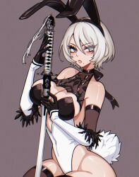 Rule 34 | 1girl, 2b (nier:automata), abottleofstars, adapted costume, animal ears, black thighhighs, blue eyes, blush, boots, breasts, cleavage, commentary, cropped legs, facing viewer, grey hair, holding, holding sword, holding weapon, juliet sleeves, katana, leotard, long sleeves, mole, mole under mouth, nier:automata, nier (series), playboy bunny, puffy sleeves, rabbit ears, rabbit tail, short hair, shrug (clothing), simple background, sitting, solo, sword, tail, thigh boots, thighhighs, weapon, white background